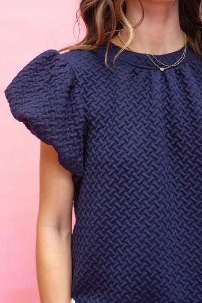 Navy Wavy Trim Bubble Sleeve Top 34511 - Southern Soule Designs