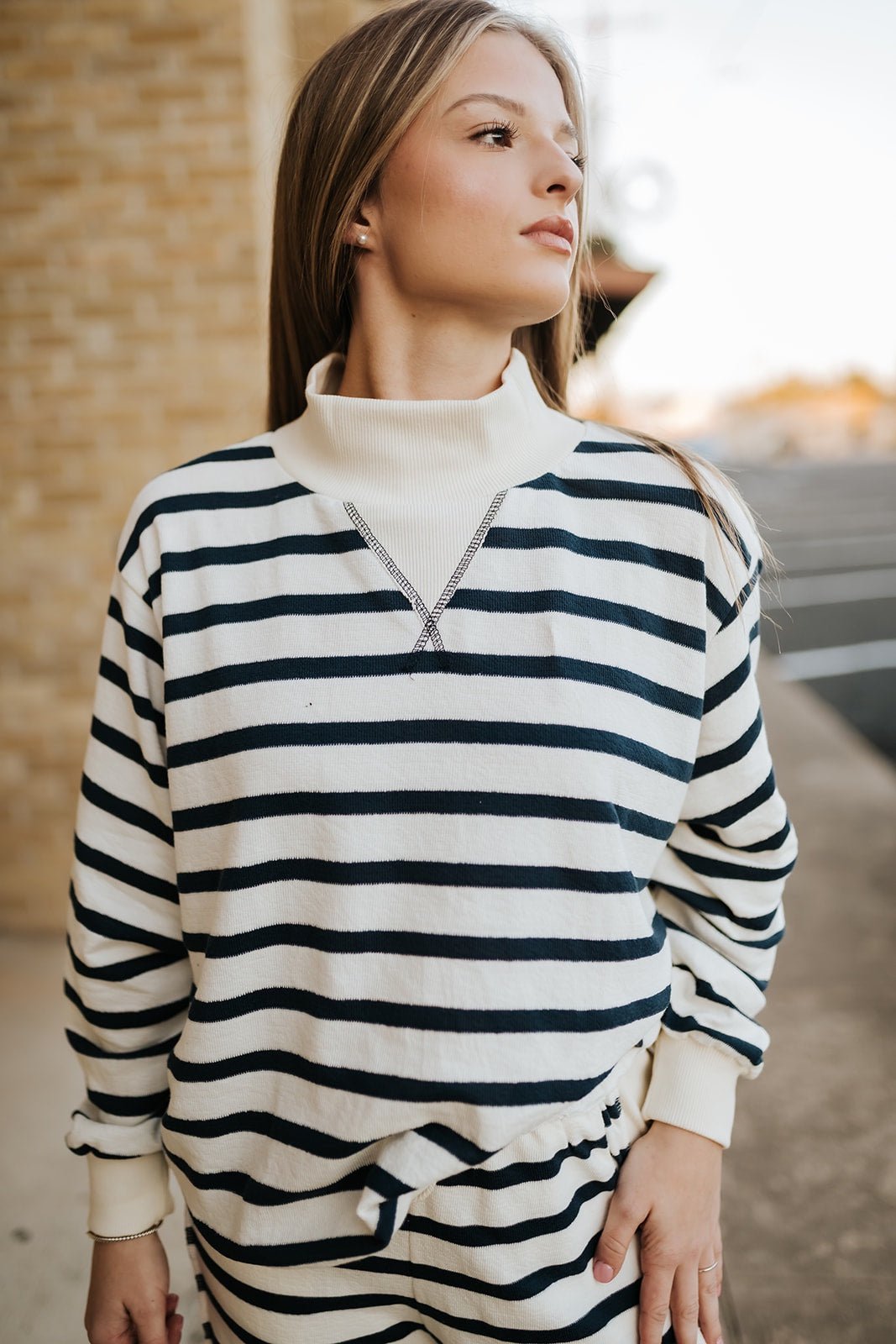 Navy/Cream Ribbed Striped Oversized Top T2734 - Southern Soule Designs