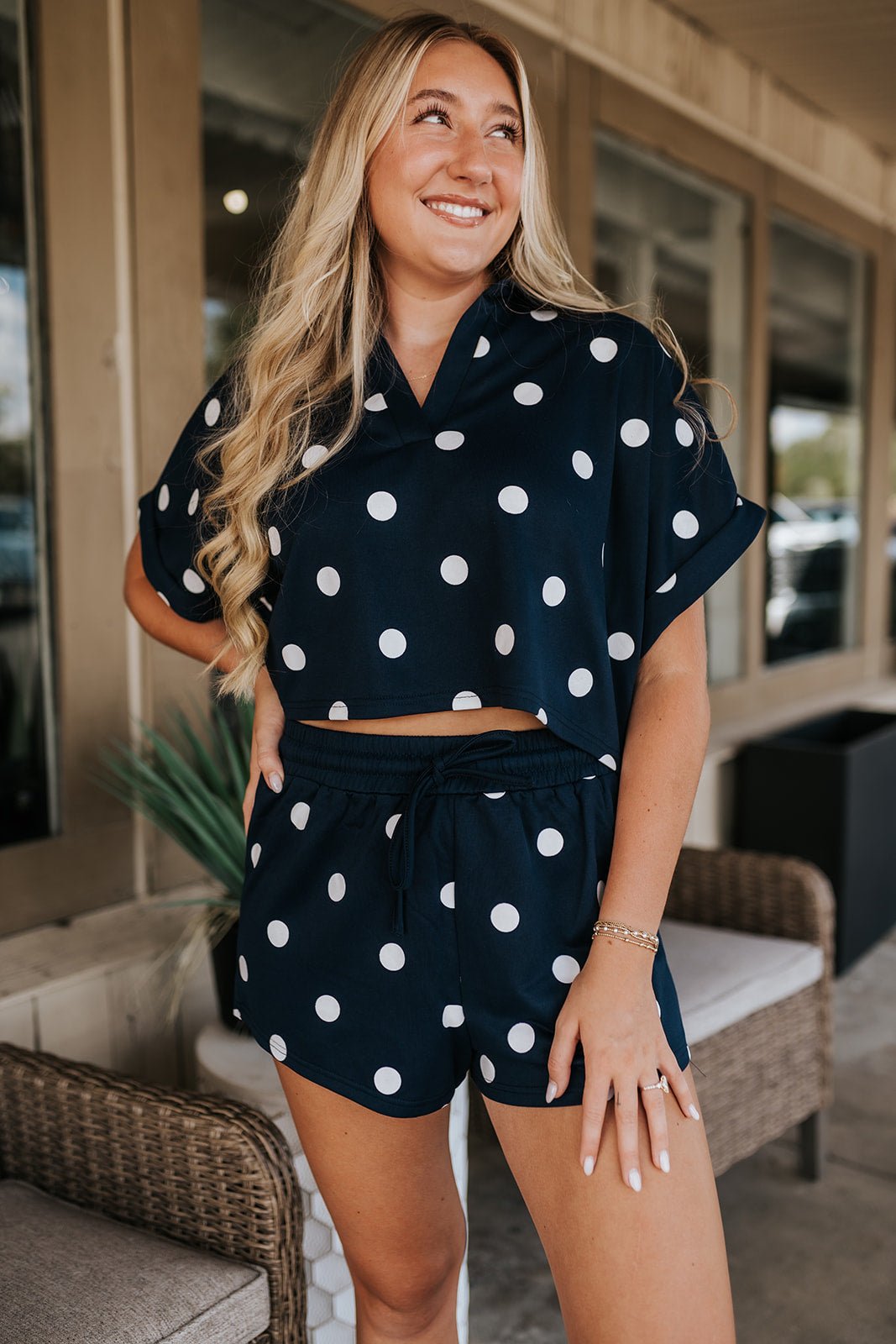 Navy/White Polka Dot Cropped Short Sleeve and Shorts Set IST5802-B - Southern Soule Designs