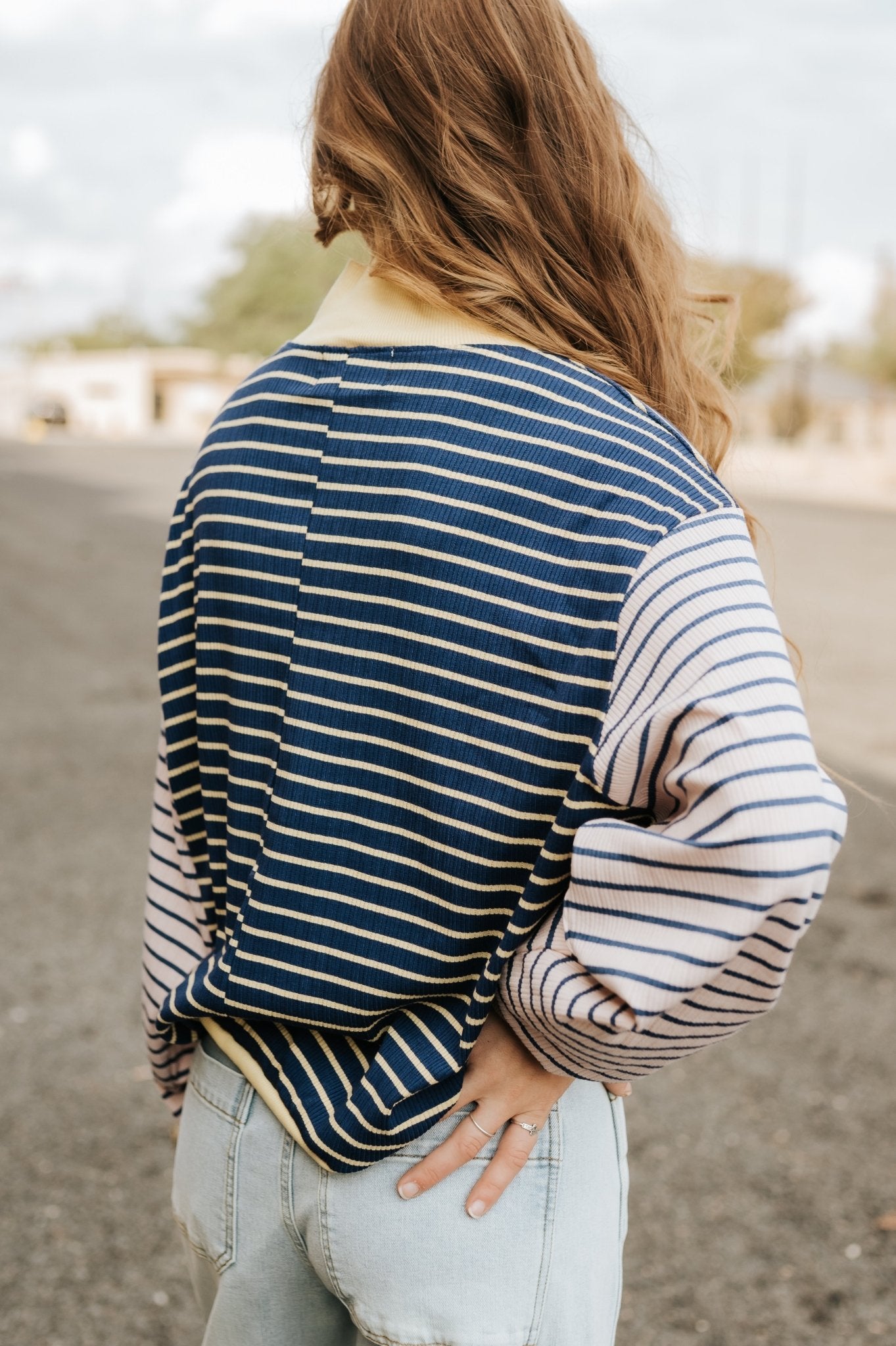 Navy/Yellow Striped High - Neck Sweatshirt - Southern Soule Designs