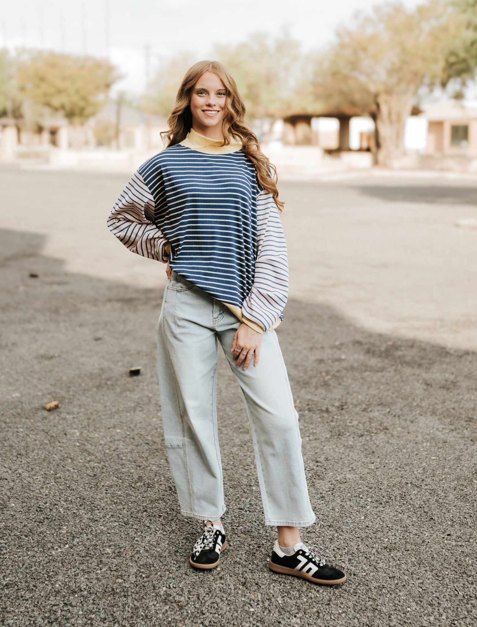 Navy/Yellow Striped High - Neck Sweatshirt - Southern Soule Designs
