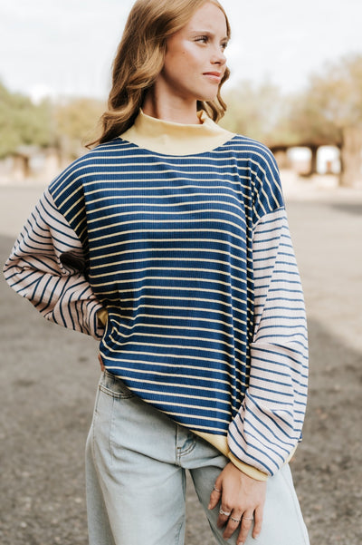 Navy/Yellow Striped High - Neck Sweatshirt - Southern Soule Designs