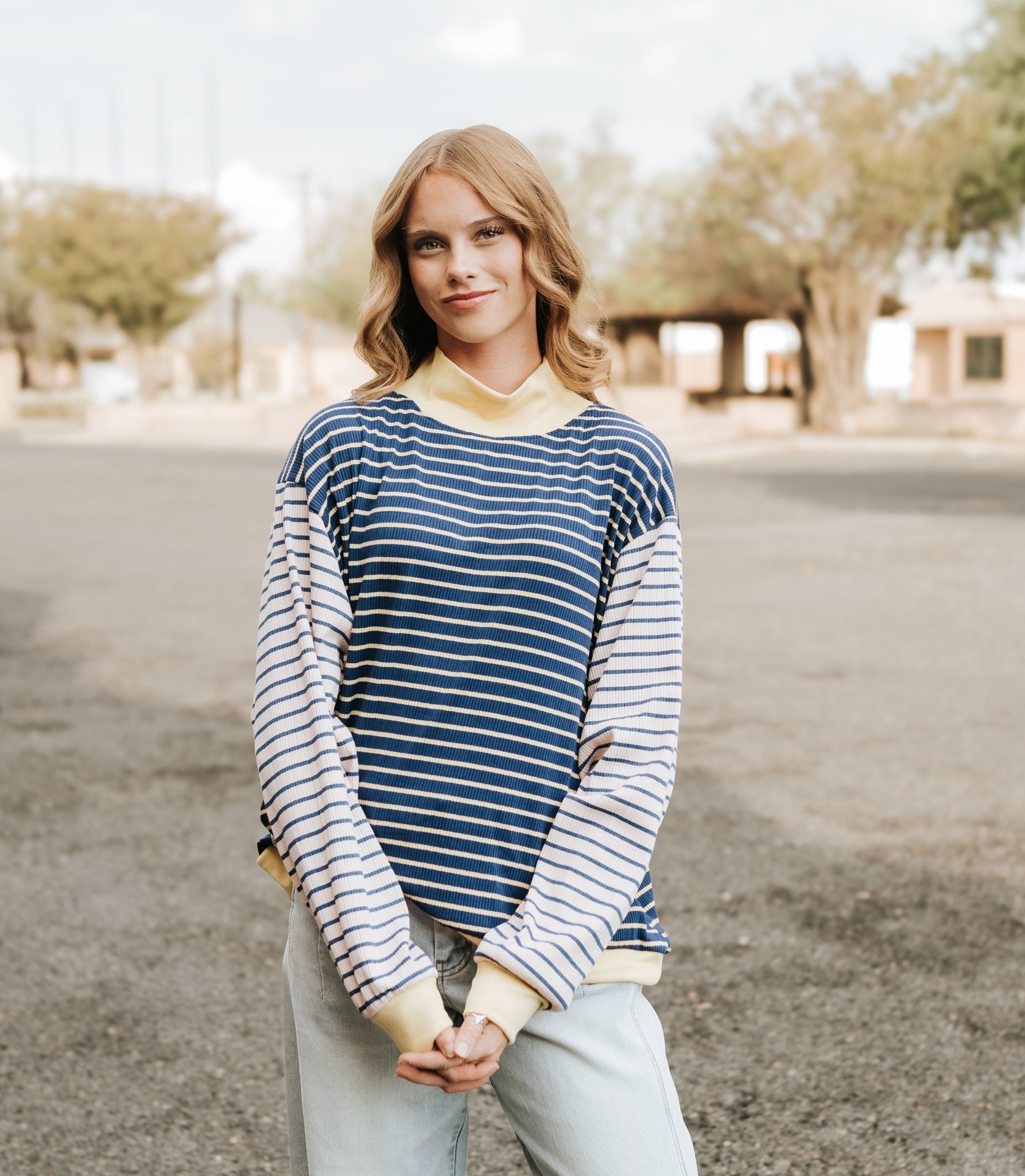 Navy/Yellow Striped High - Neck Sweatshirt - Southern Soule Designs