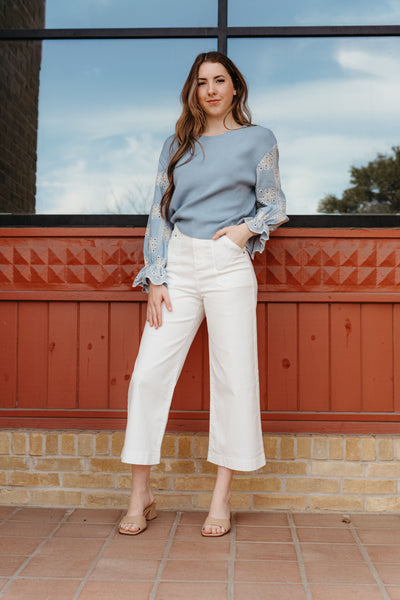 Blue Eyelet Ruffle Sleeve Knit Sweater T25470