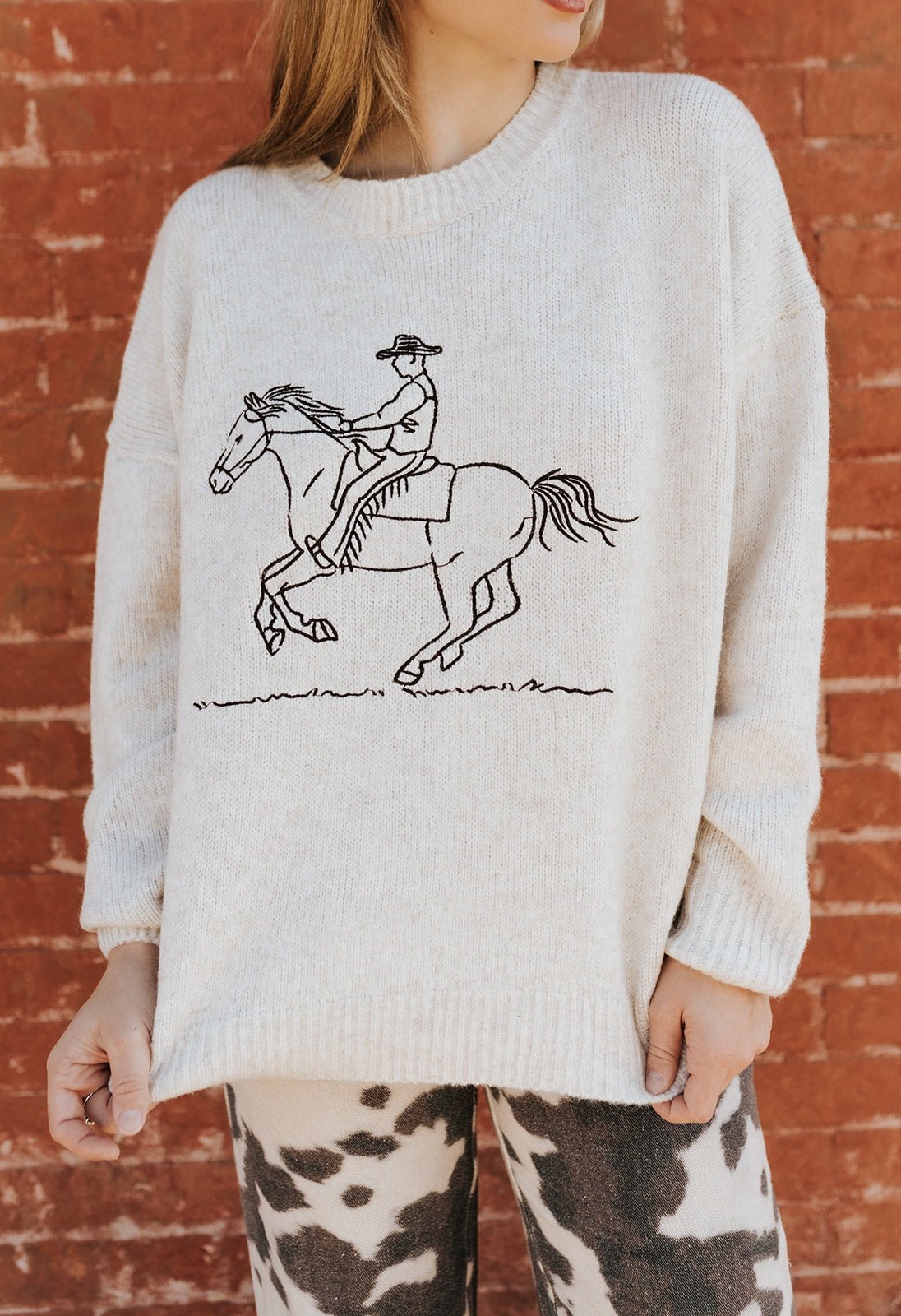 Oatmeal Embroidered Cowboy Knit Sweater BRW0280 - 42 - Southern Soule Designs
