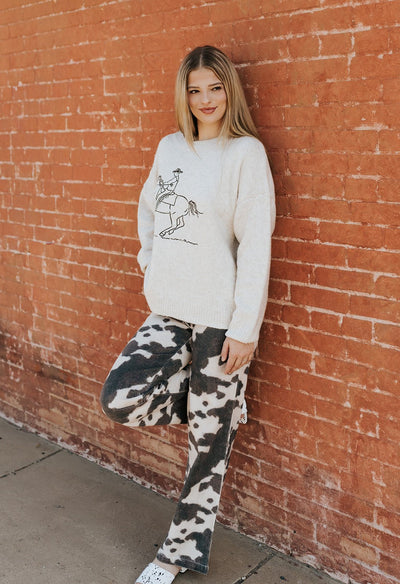 Oatmeal Embroidered Cowboy Knit Sweater BRW0280 - 42 - Southern Soule Designs