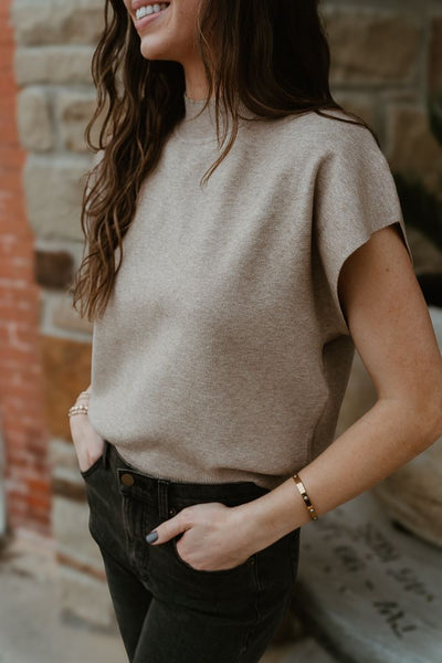 Oatmeal Knit Mock Neck Short Sleeve Top SG8414 - Southern Soule Designs