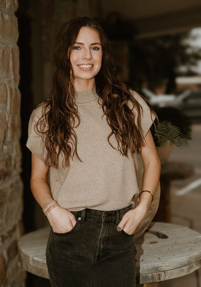 Oatmeal Knit Mock Neck Short Sleeve Top SG8414 - Southern Soule Designs