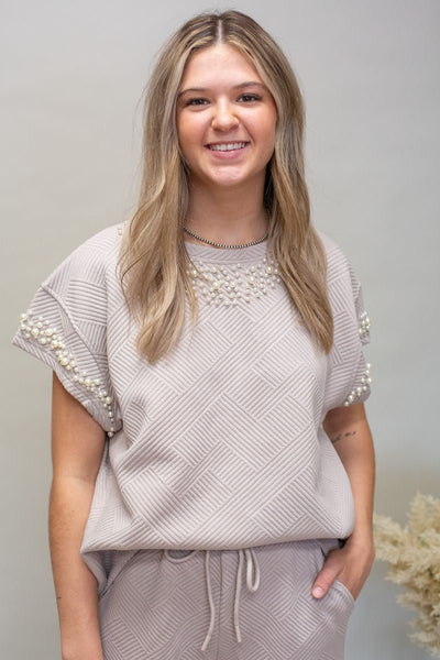 Oatmeal Pearl Trim Lounge Top - Southern Soule Designs