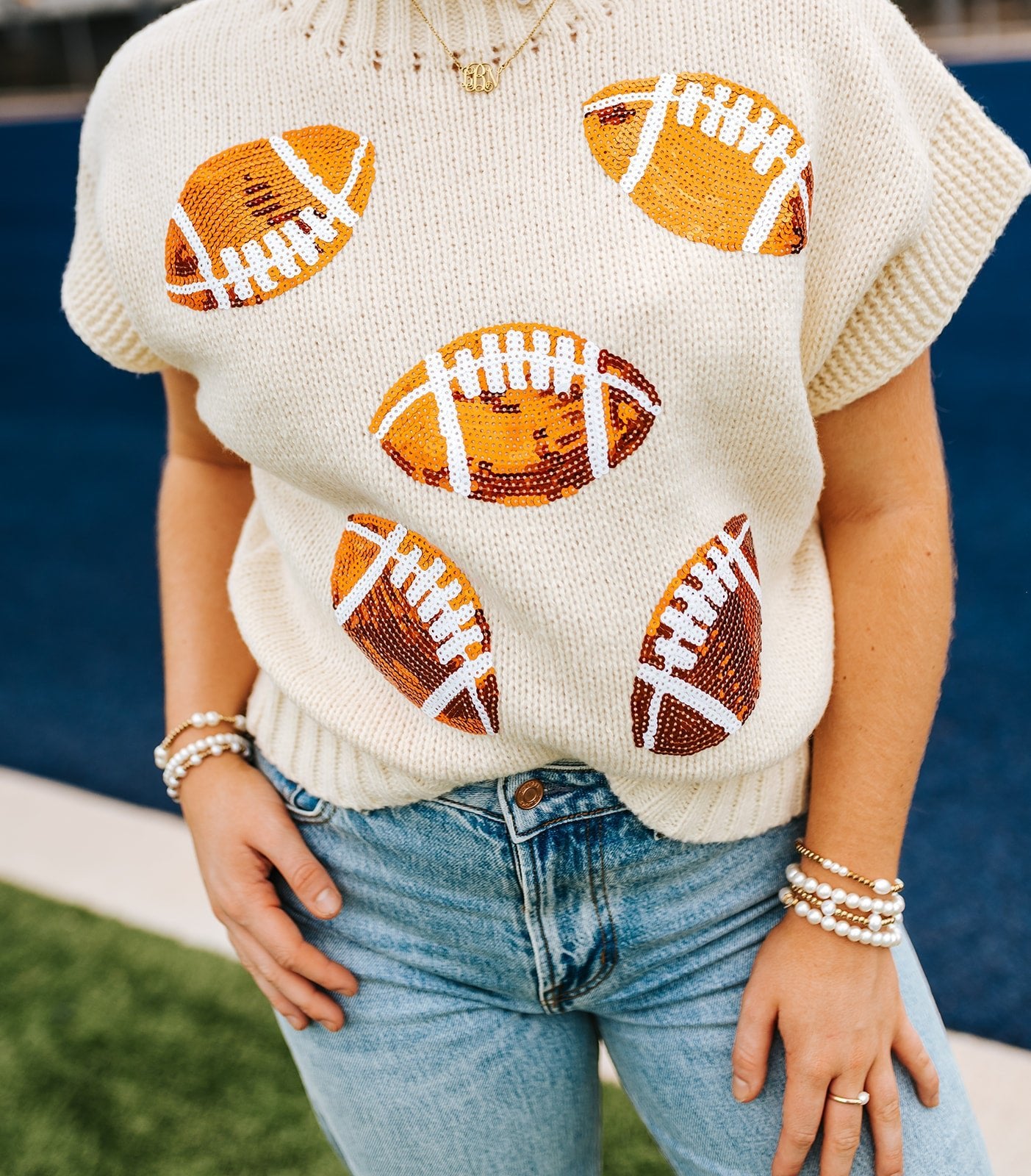 Oatmeal Sequin Football Patches Rib Trim Sweater IT1388G-08 - Southern Soule Designs