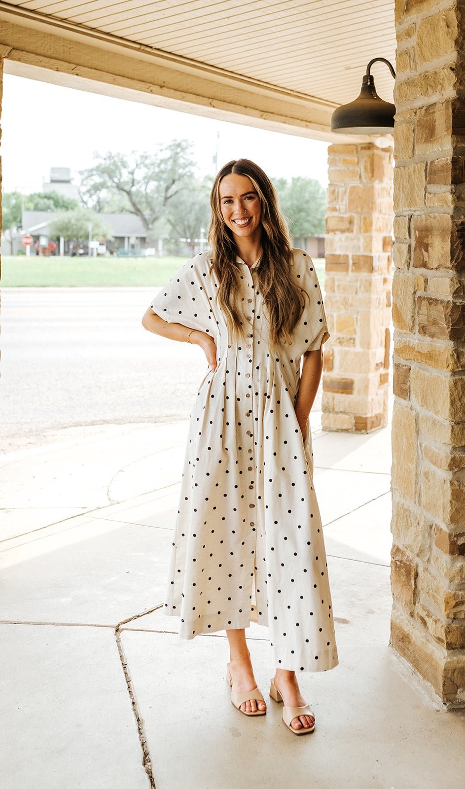 Oatmeal/Black Polkadot Short Sleeve Dress D6840 - Southern Soule Designs