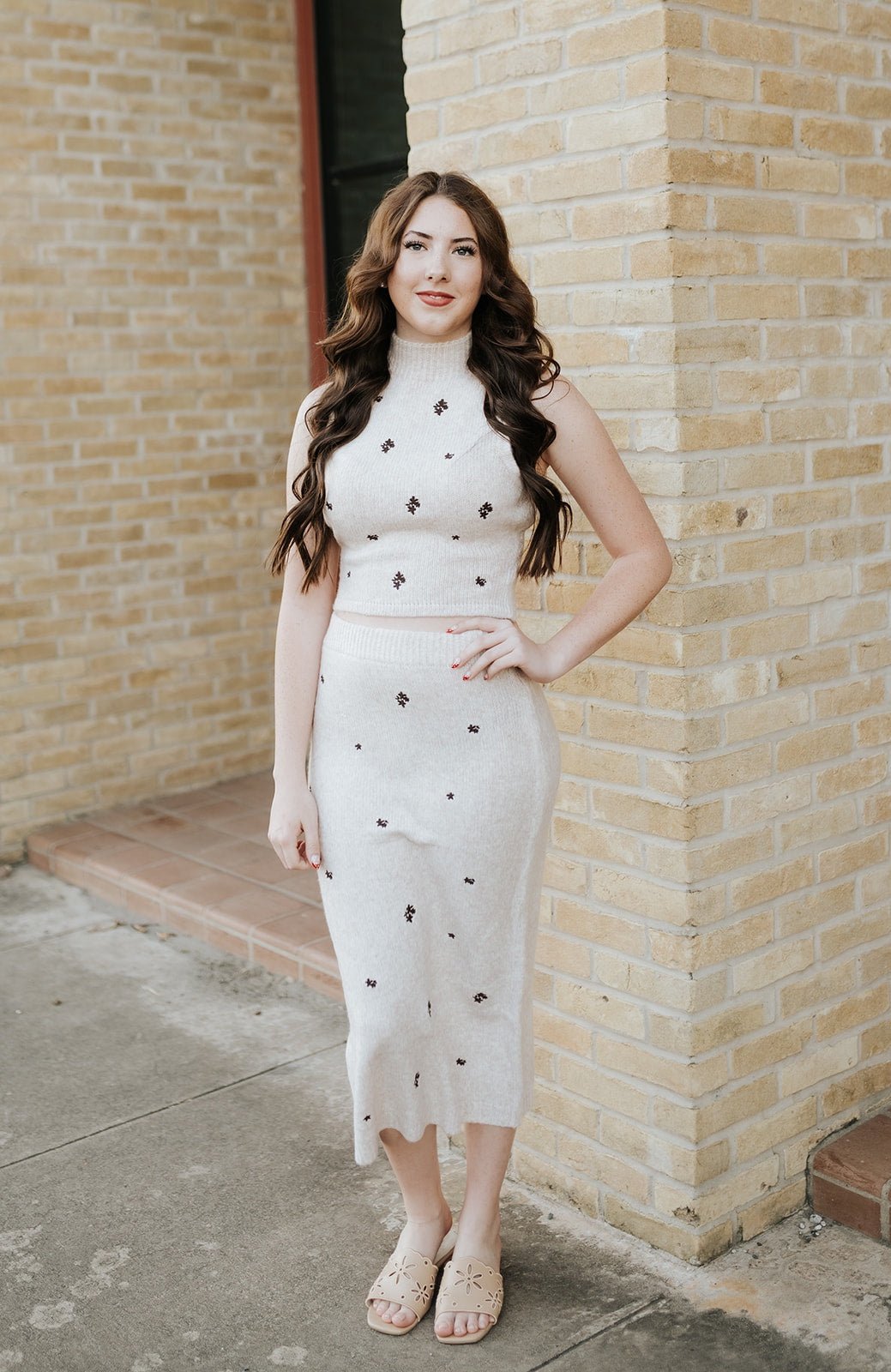 Oatmeal/Dark Brown Embroidery Detail Sweater Top & Midi Skirt BWTS1403 - Southern Soule Designs