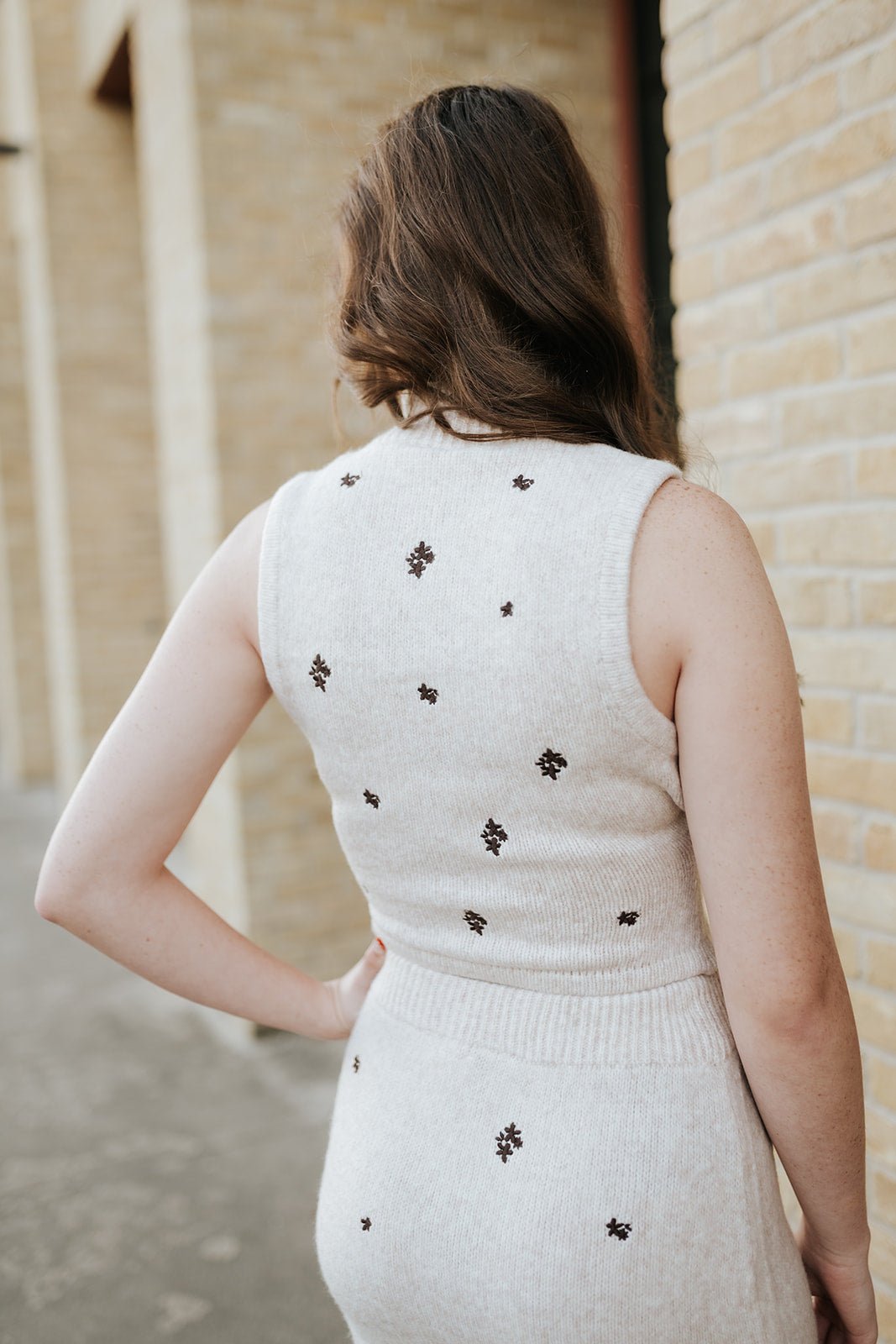 Oatmeal/Dark Brown Embroidery Detail Sweater Top & Midi Skirt BWTS1403 - Southern Soule Designs
