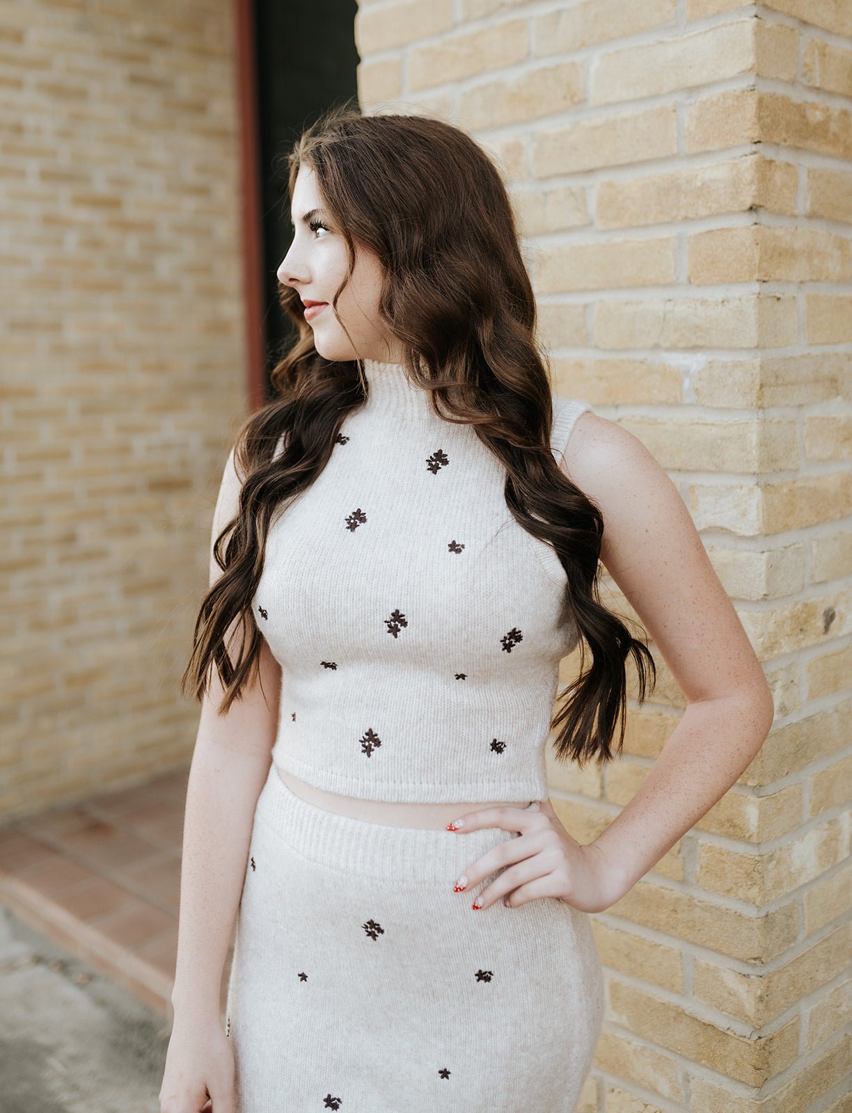 Oatmeal/Dark Brown Embroidery Detail Sweater Top & Midi Skirt BWTS1403 - Southern Soule Designs