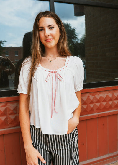 Off White Blouse with Red Tie TBT13848 - Southern Soule Designs