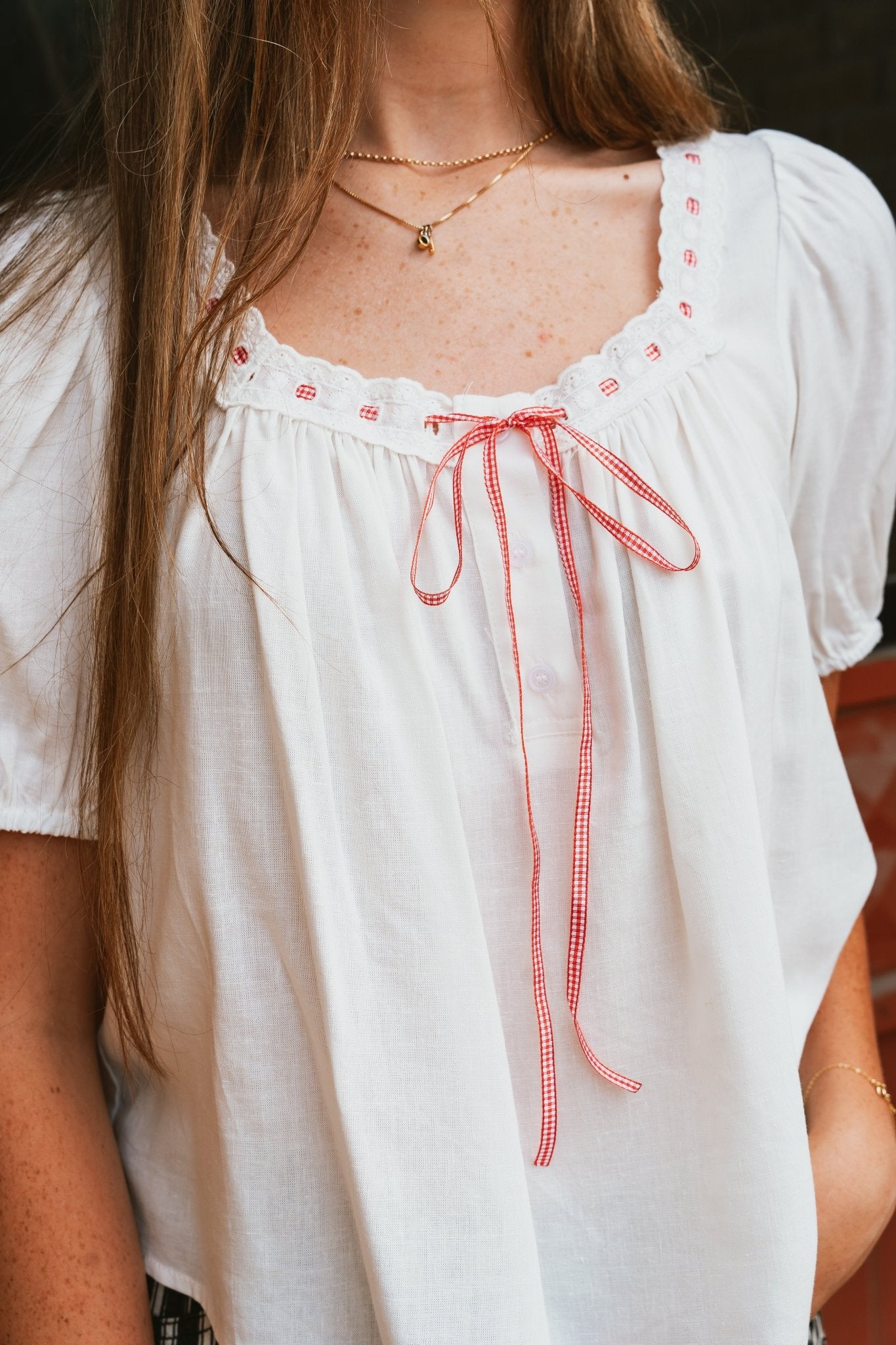 Off White Blouse with Red Tie TBT13848 - Southern Soule Designs