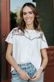 Off White Embroidered Western Tee 23376T - Southern Soule Designs