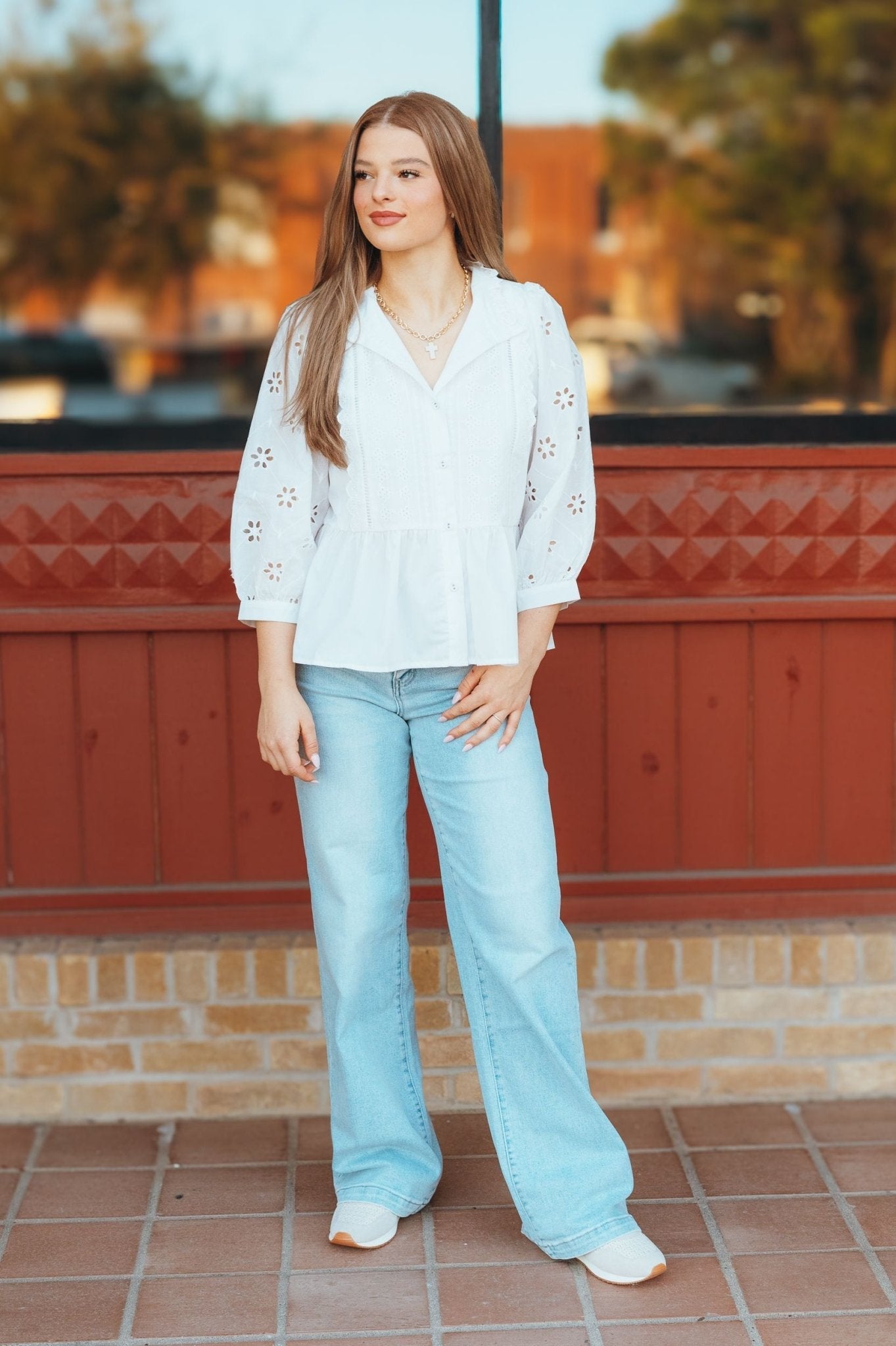 Off White Eyelet Lace 3/4 Sleeve Button Up Top T25057 - Southern Soule Designs