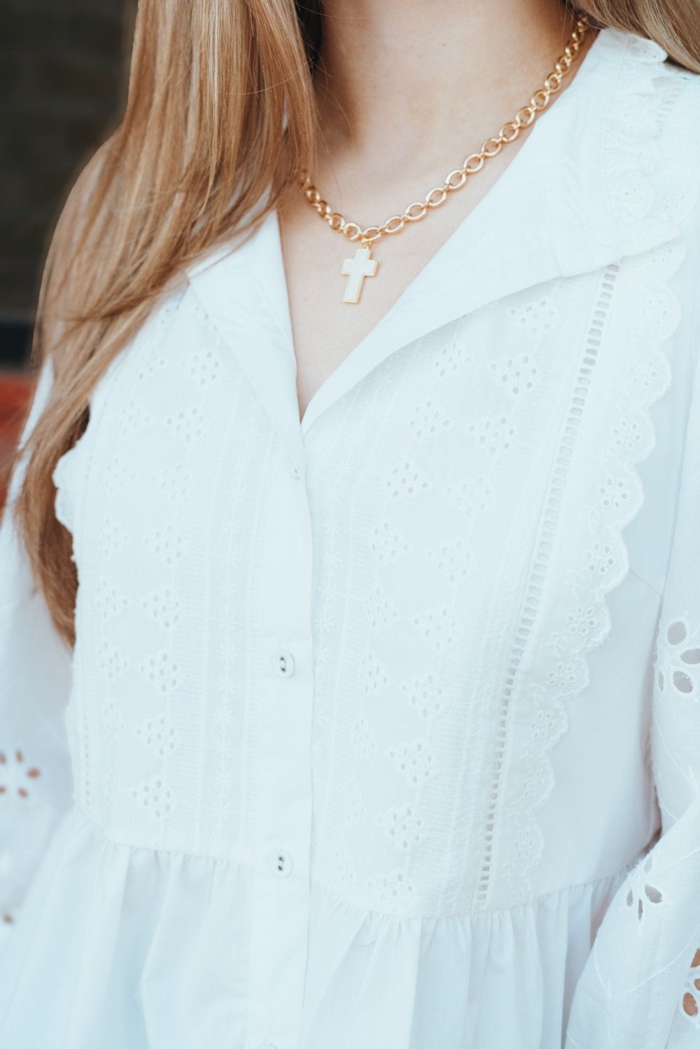 Off White Eyelet Lace 3/4 Sleeve Button Up Top T25057 - Southern Soule Designs