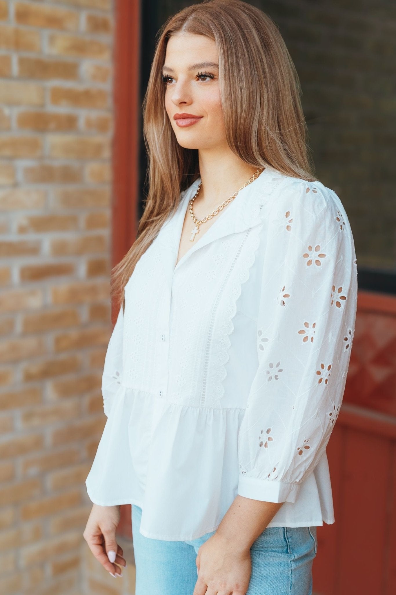 Off White Eyelet Lace 3/4 Sleeve Button Up Top T25057 - Southern Soule Designs