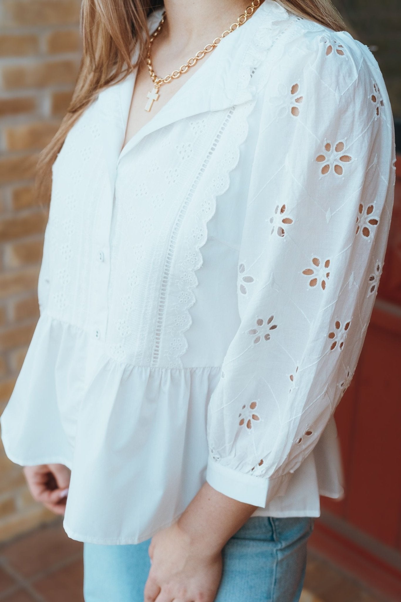 Off White Eyelet Lace 3/4 Sleeve Button Up Top T25057 - Southern Soule Designs
