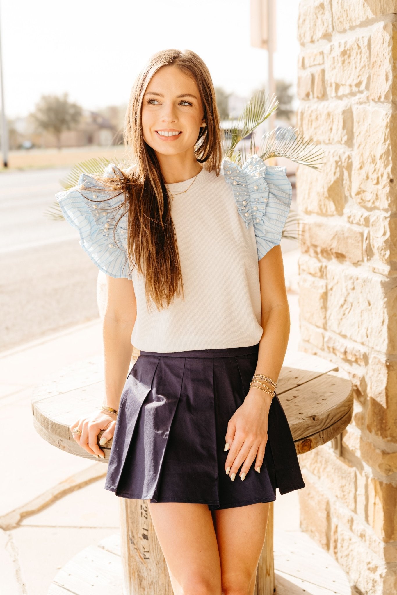 Off White Pearl Studded Ruffle Sleeve Top T26293 - Southern Soule Designs