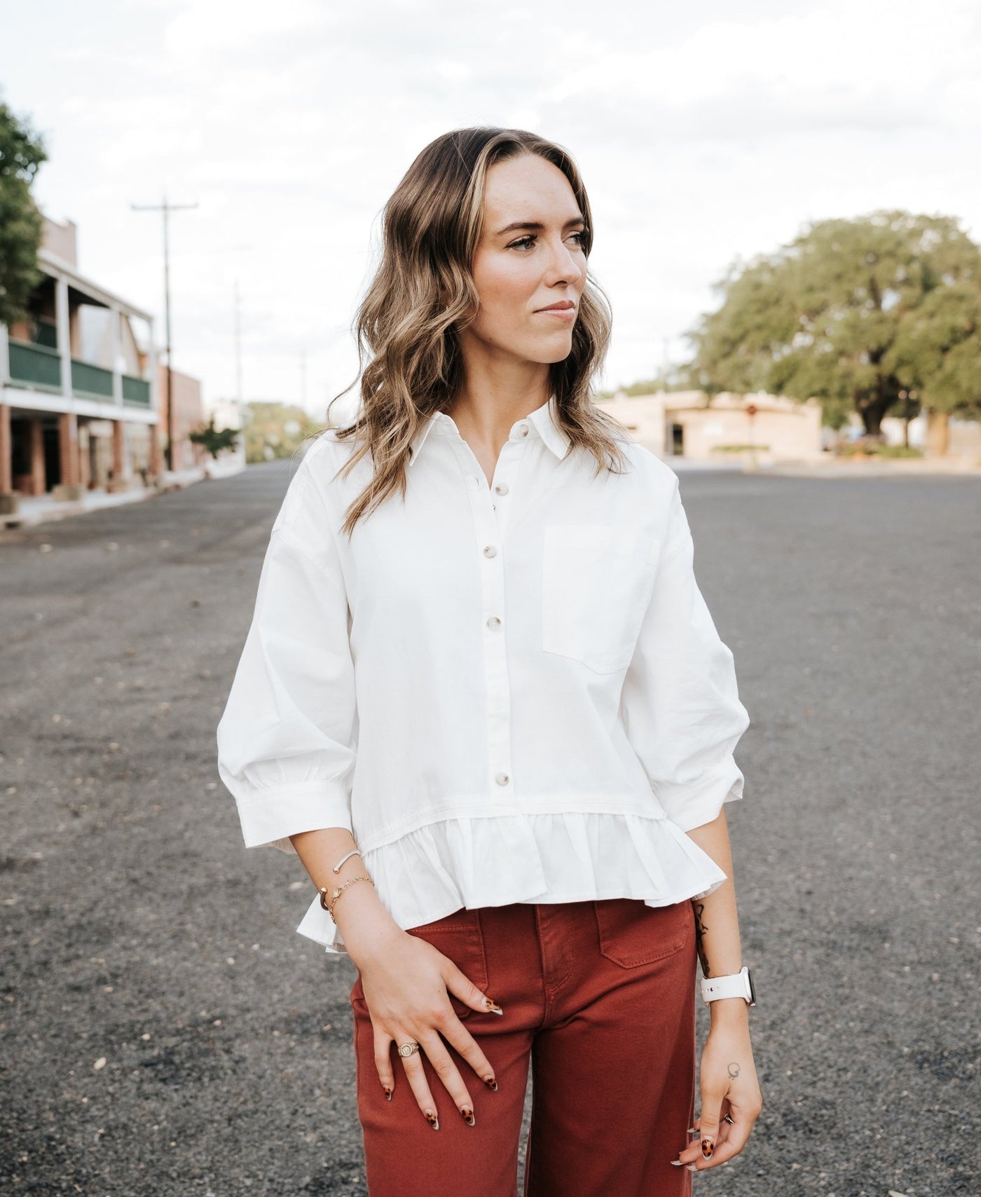 Off White Ruffle Hem Button Up Shirt WL25 - 10377 - Southern Soule Designs