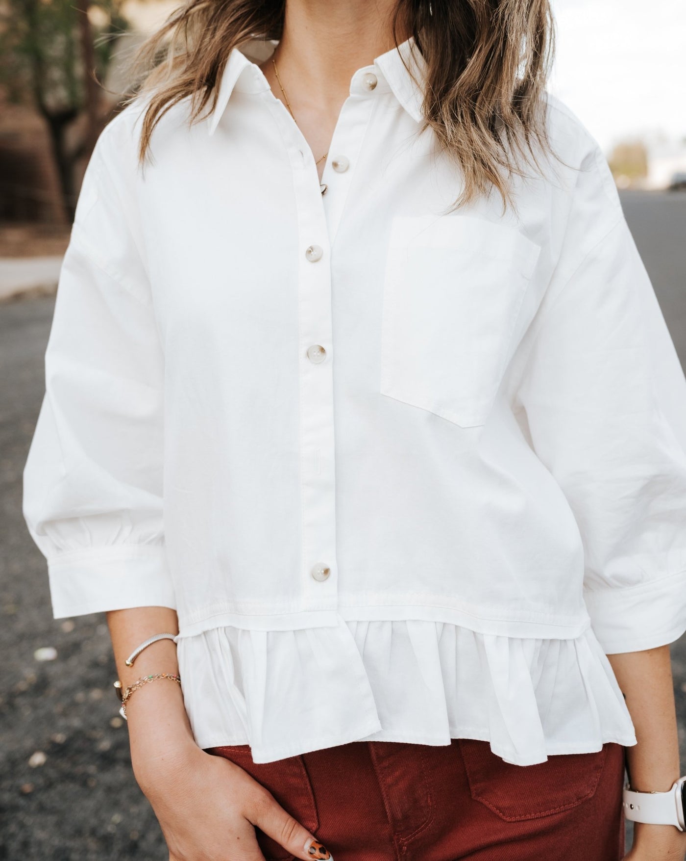 Off White Ruffle Hem Button Up Shirt WL25 - 10377 - Southern Soule Designs