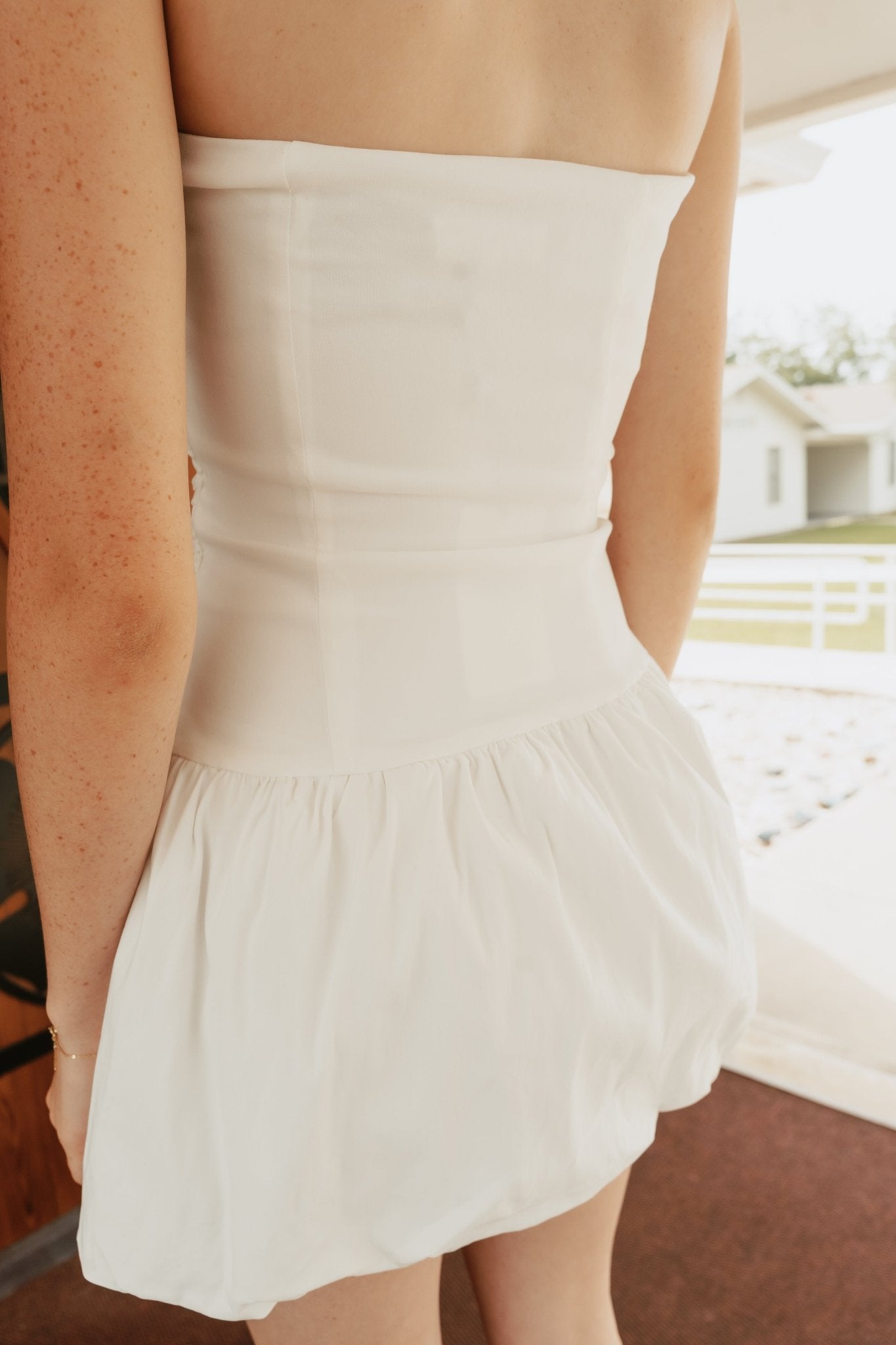 Off White Strapless Balloon Mini Dress ID8823 - Southern Soule Designs