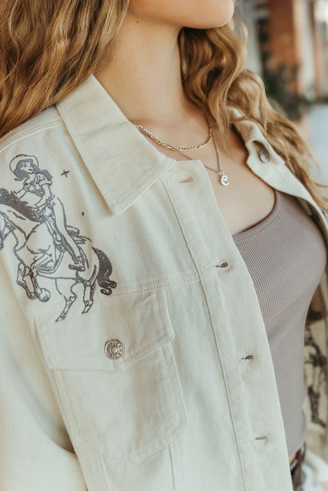 Off White Western Cowgirl Embroidered Denim Jacket 23177J - Southern Soule Designs