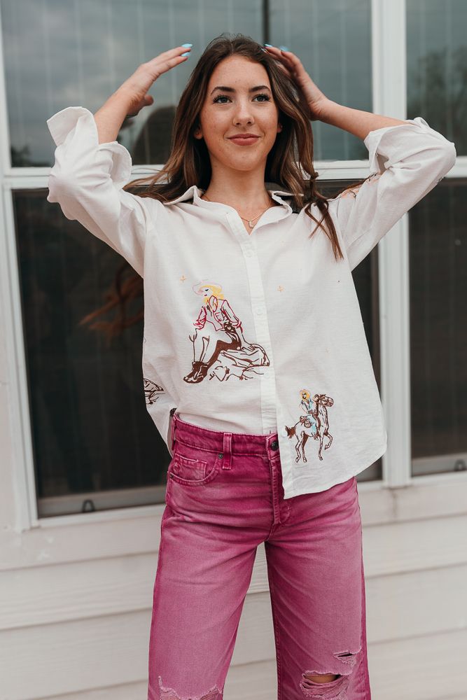 Off White Western Cowgirl Embroidered Long Sleeve Shirt 22894T - Southern Soule Designs