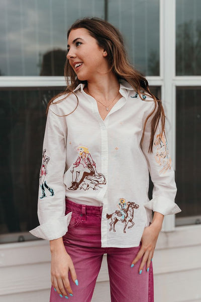 Off White Western Cowgirl Embroidered Long Sleeve Shirt 22894T - Southern Soule Designs