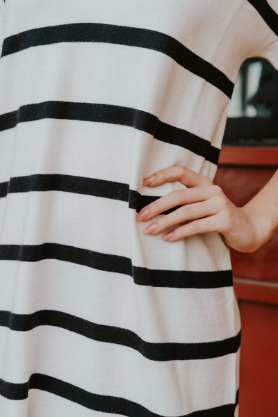 Off White/Black Short Sleeve Stripe Sweater Dress ILD3736 - Southern Soule Designs