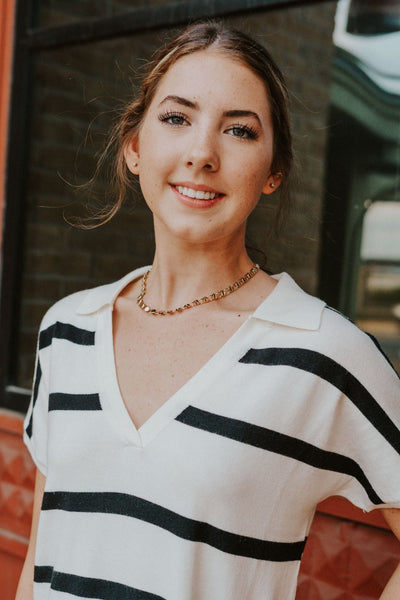 Off White/Black Short Sleeve Stripe Sweater Dress ILD3736 - Southern Soule Designs