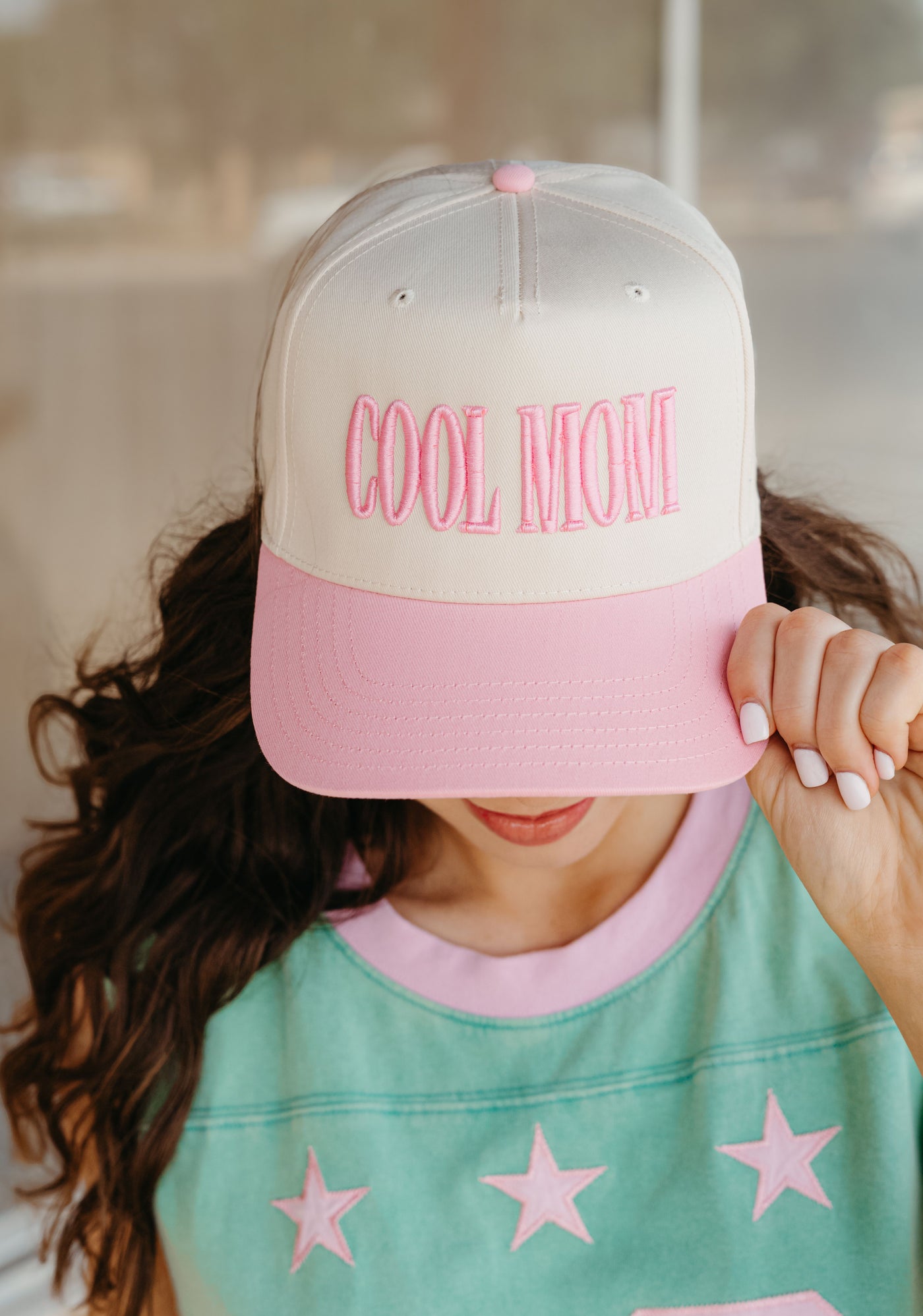 Cream/Pink Cool Mom Puff Embroidered Cap