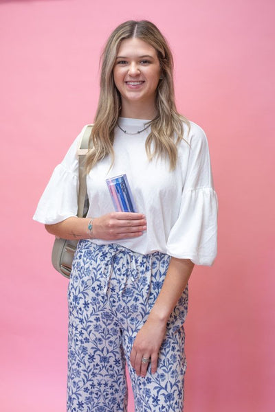 White Bubble Sleeve Rayon Top