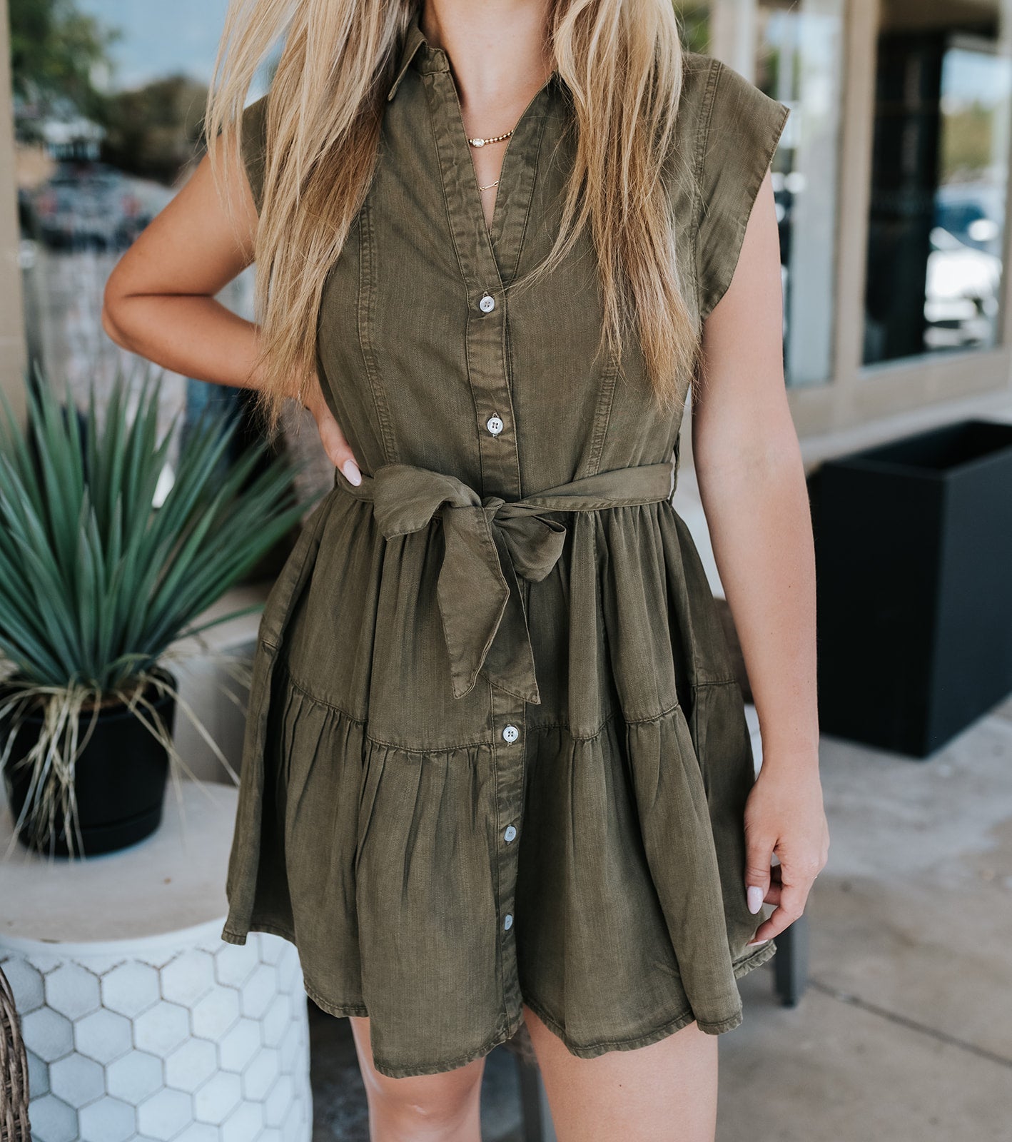 Olive Button Down Collared Dress DT50100 - Southern Soule Designs
