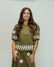 Olive Embroidered Puff Sleeve Top T - 50252 - JK - Southern Soule Designs
