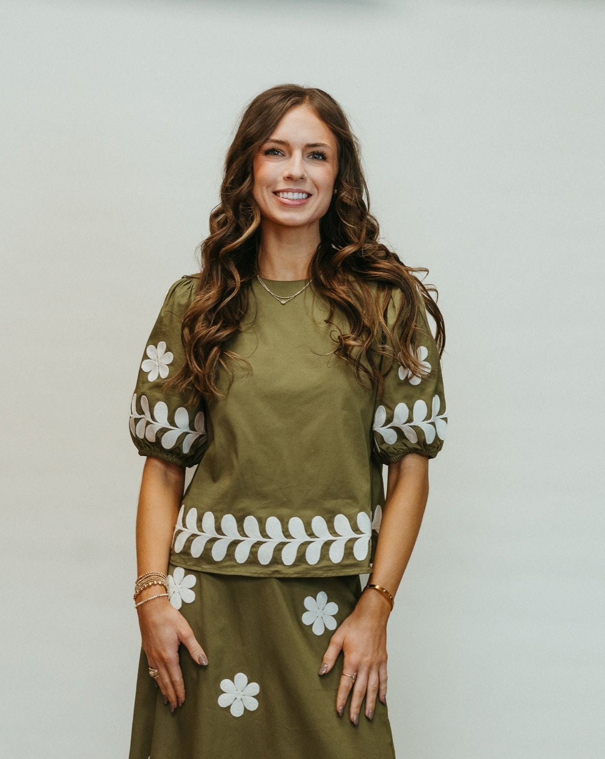 Olive Embroidered Puff Sleeve Top T - 50252 - JK - Southern Soule Designs