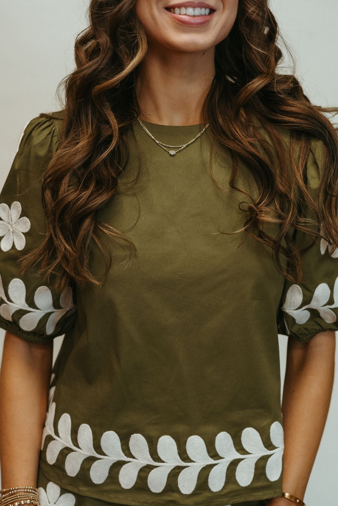 Olive Embroidered Puff Sleeve Top T - 50252 - JK - Southern Soule Designs