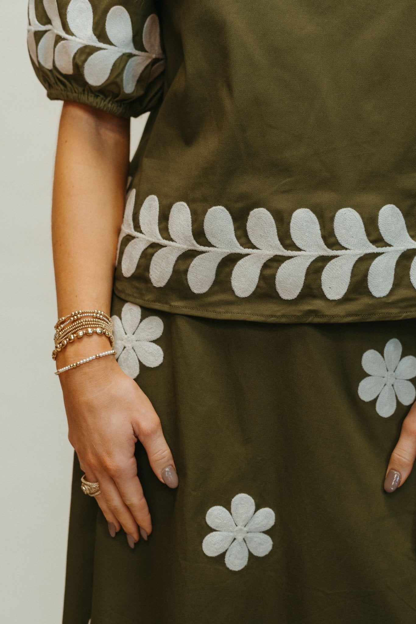 Olive Embroidered Ruffled Midi Skirt S - 8339 - JK - Southern Soule Designs