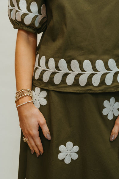 Olive Embroidered Ruffled Midi Skirt S - 8339 - JK - Southern Soule Designs