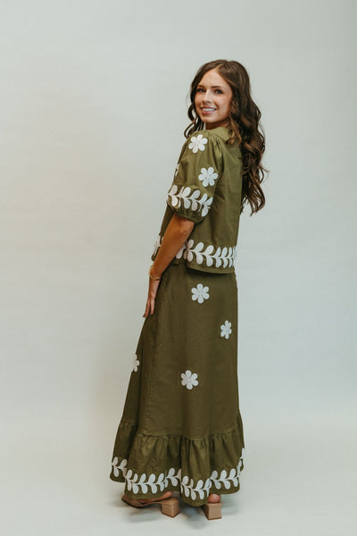 Olive Embroidered Ruffled Midi Skirt S - 8339 - JK - Southern Soule Designs