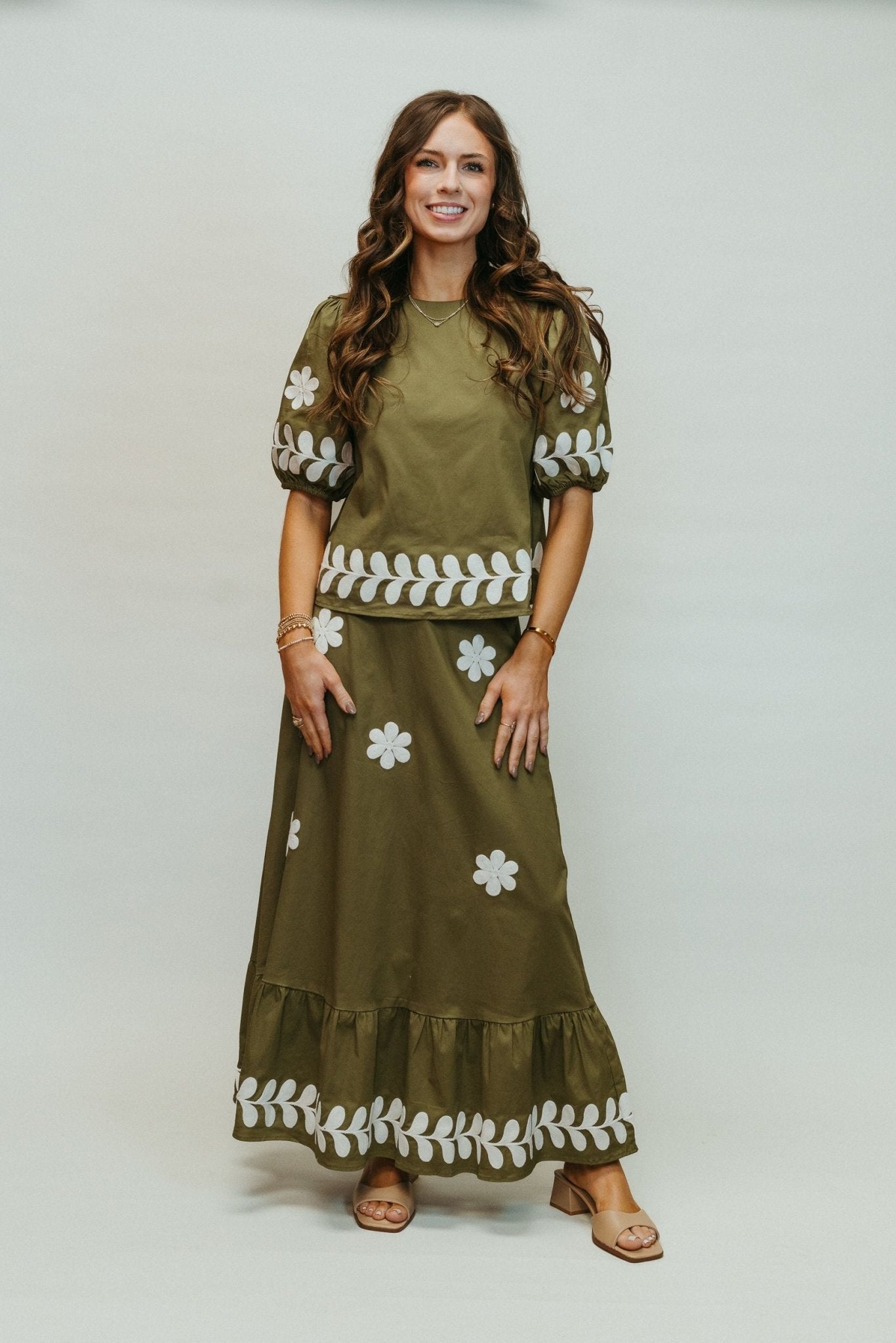 Olive Embroidered Ruffled Midi Skirt S - 8339 - JK - Southern Soule Designs