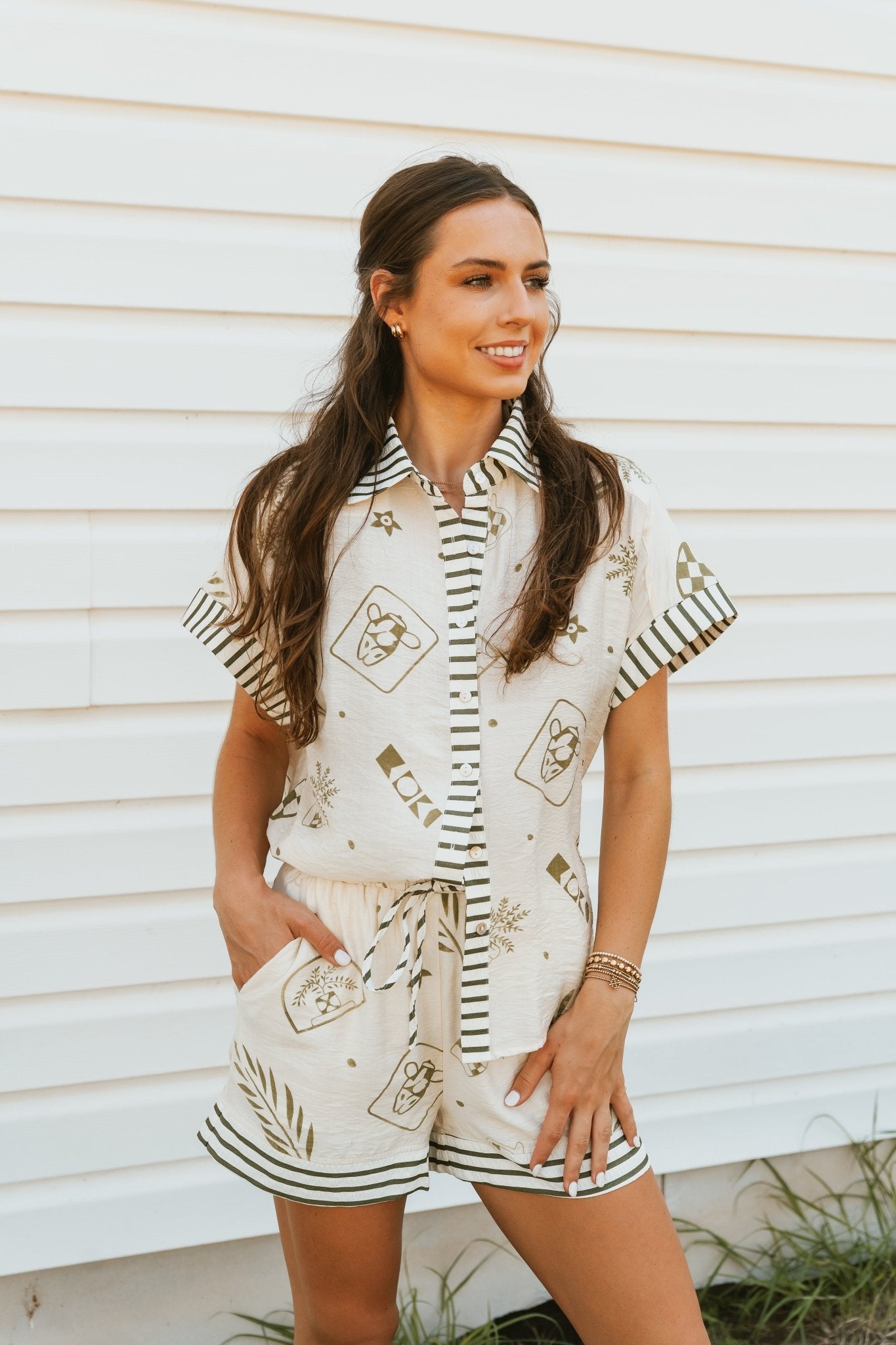 Olive Multi - Print High Waist Shorts P27339 - Southern Soule Designs