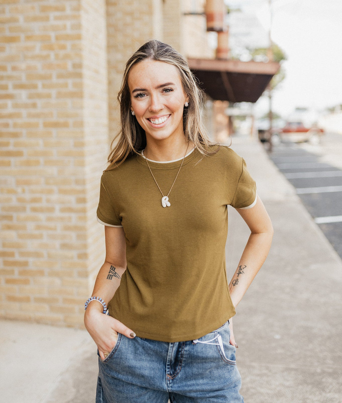 Olive/Beige Double Layered Short Sleeve Top ET7576 - Southern Soule Designs