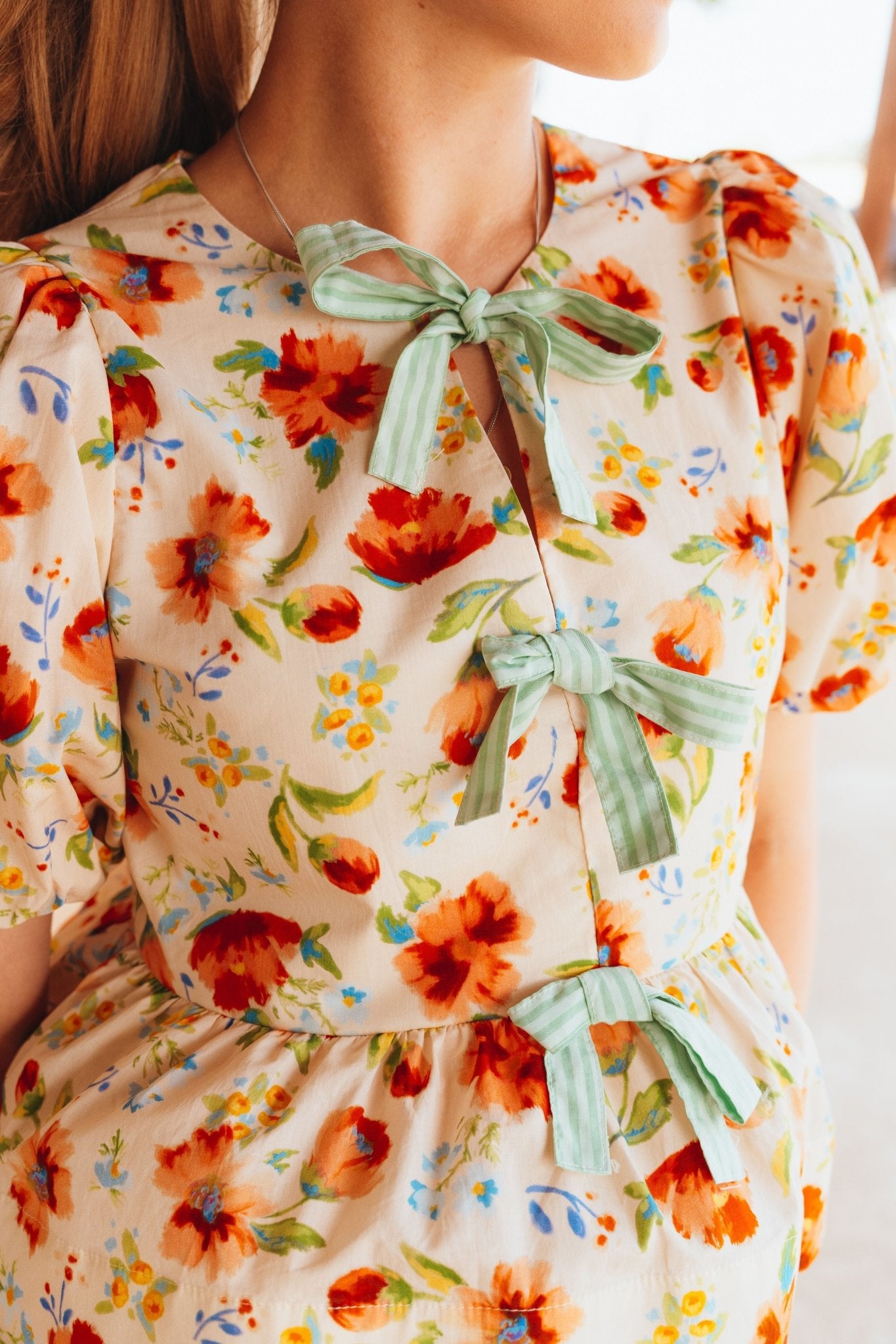 Orange/Ecru Floral Bow Babydoll Top T25654 - Southern Soule Designs