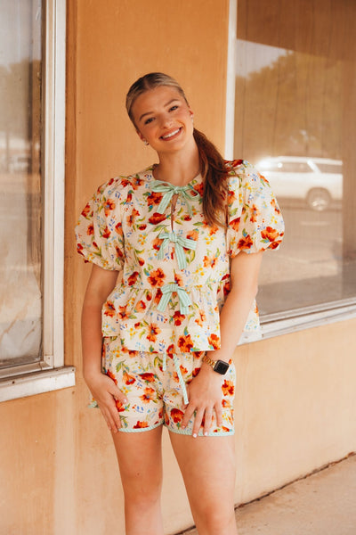 Orange/Ecru Floral Bow Babydoll Top T25654 - Southern Soule Designs