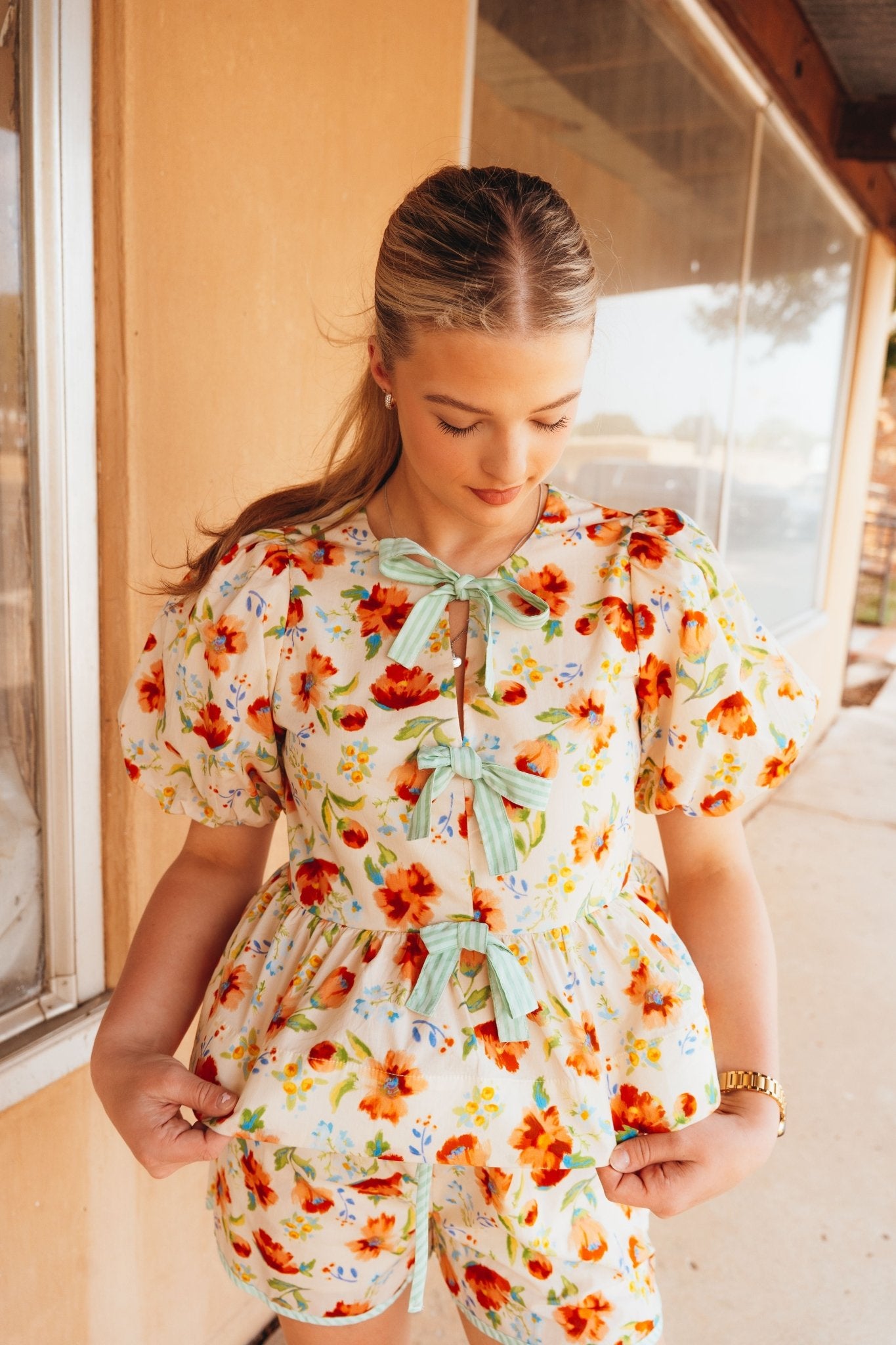 Orange/Ecru Floral Bow Babydoll Top T25654 - Southern Soule Designs