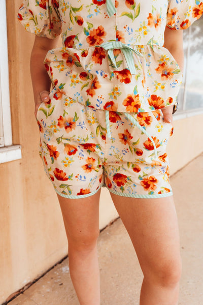 Orange/Ecru Floral Print Shorts P25655 - Southern Soule Designs